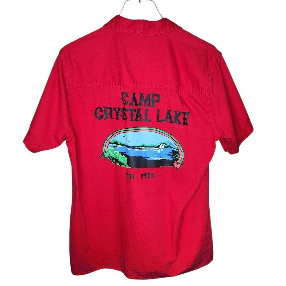 Friday the 13th Camp Crystal Lake Red Short Sleeve Button Down Shirt Mens Large‎